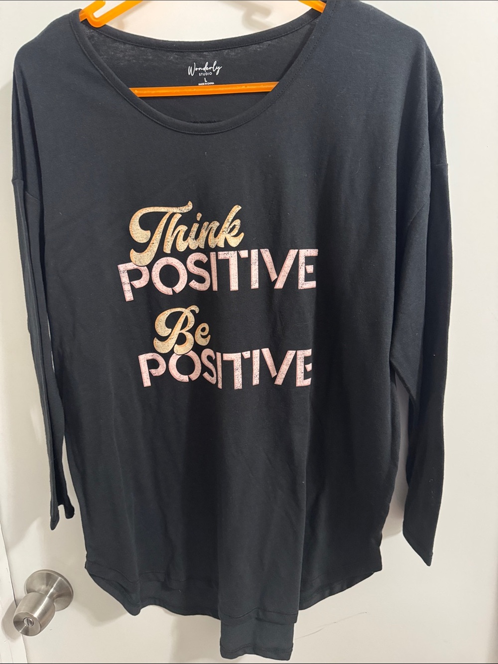 Black "Think Positive" Long Sleeve Top Shirt size L NWOT.
